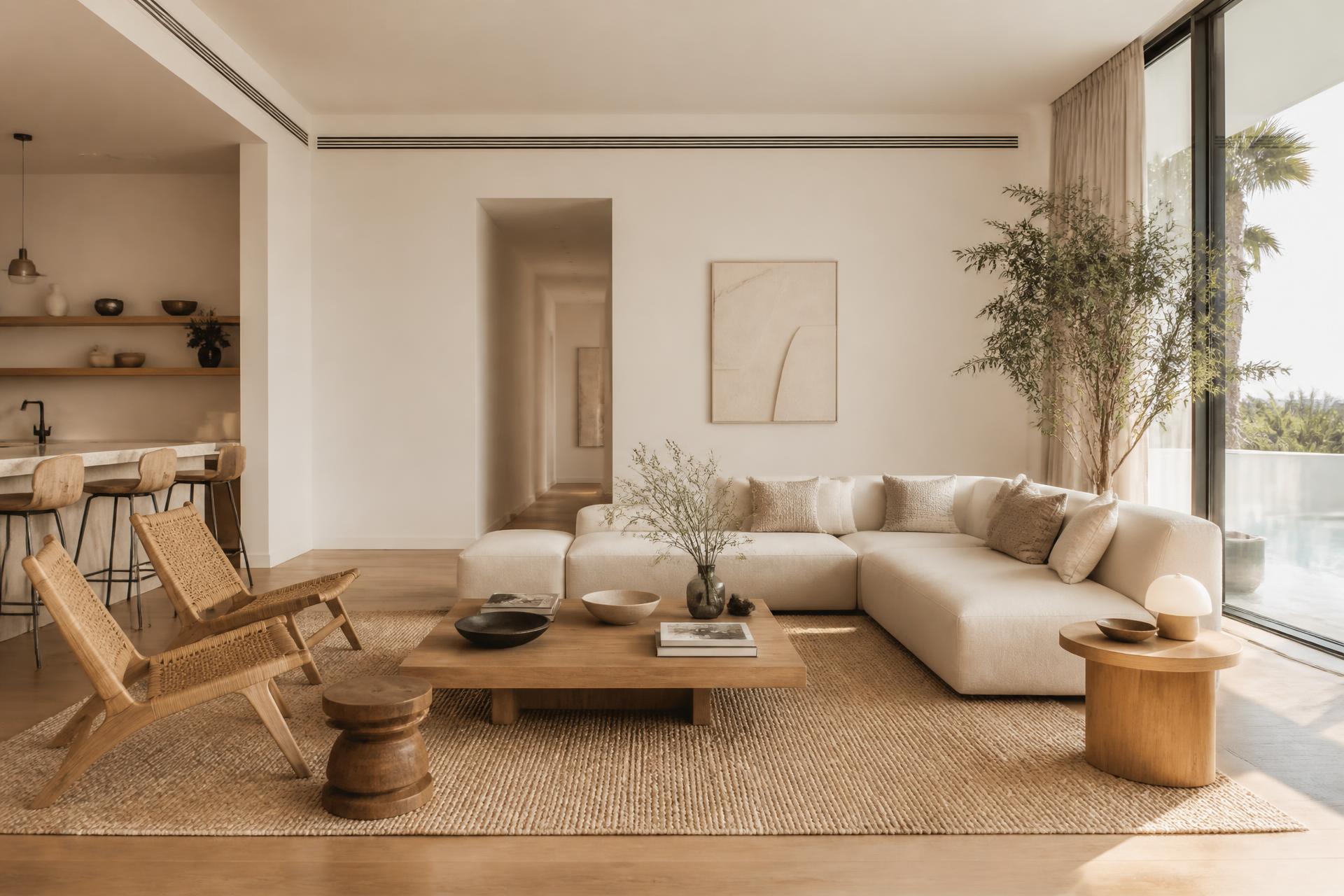 Sunlit modern Dubai villa living room with warm white walls and oak flooring