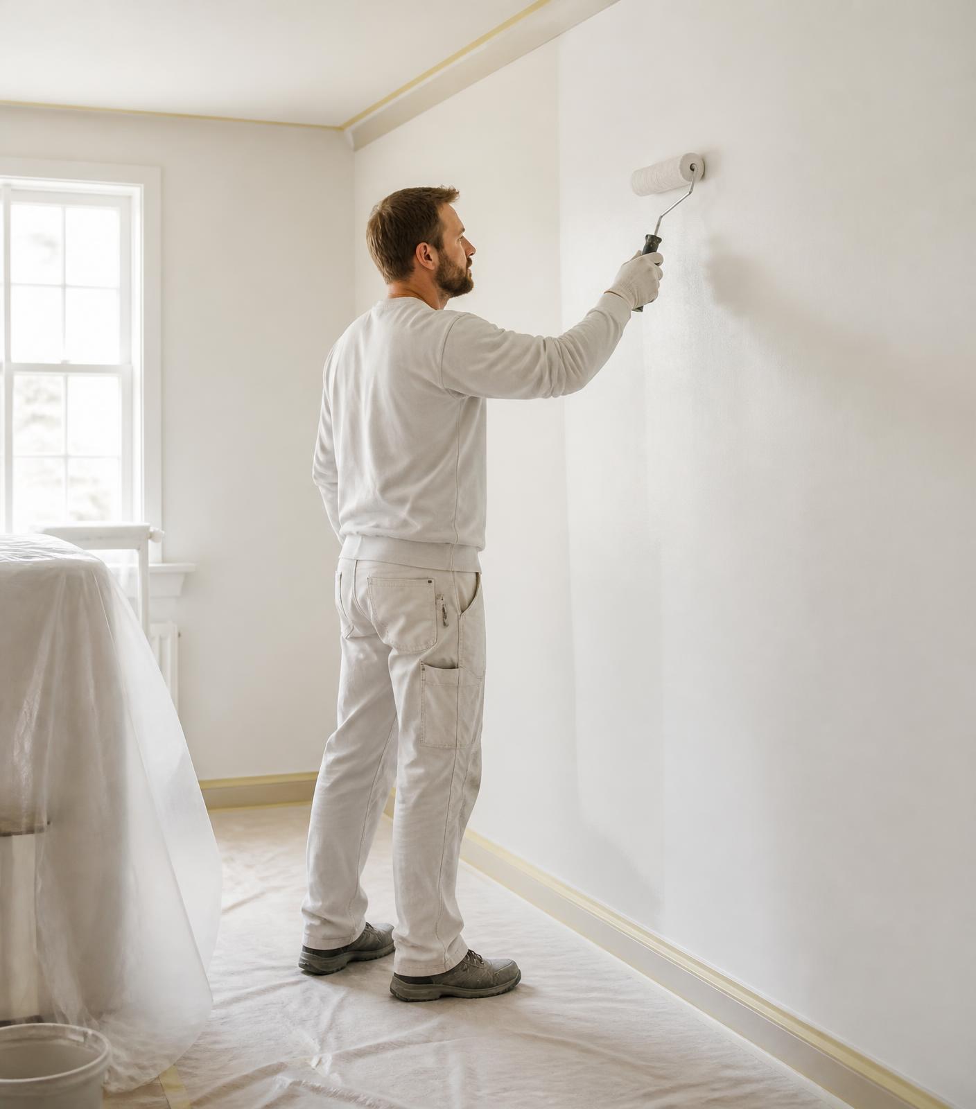 Painter rolling warm white paint onto a prepared interior wall